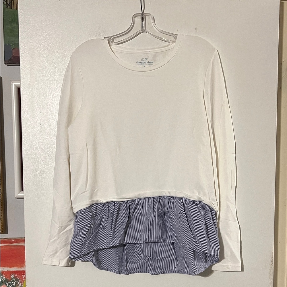 Vineyard Vines white sweatshirt with blue/white striped ruffle